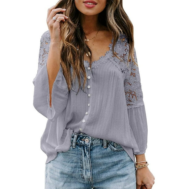 Qarigey Camisa de mujer Blusa de encaje con cuello en V Camisa de