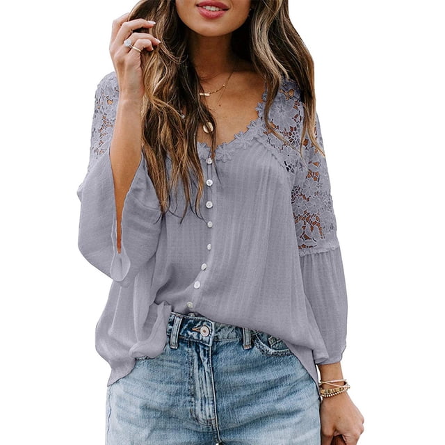 Qarigey Camisa de mujer Blusa de encaje con cuello en V Camisa de color sólido V Botón de manga larga Top Prendas para la parte del cuerpo gris púrpura XL