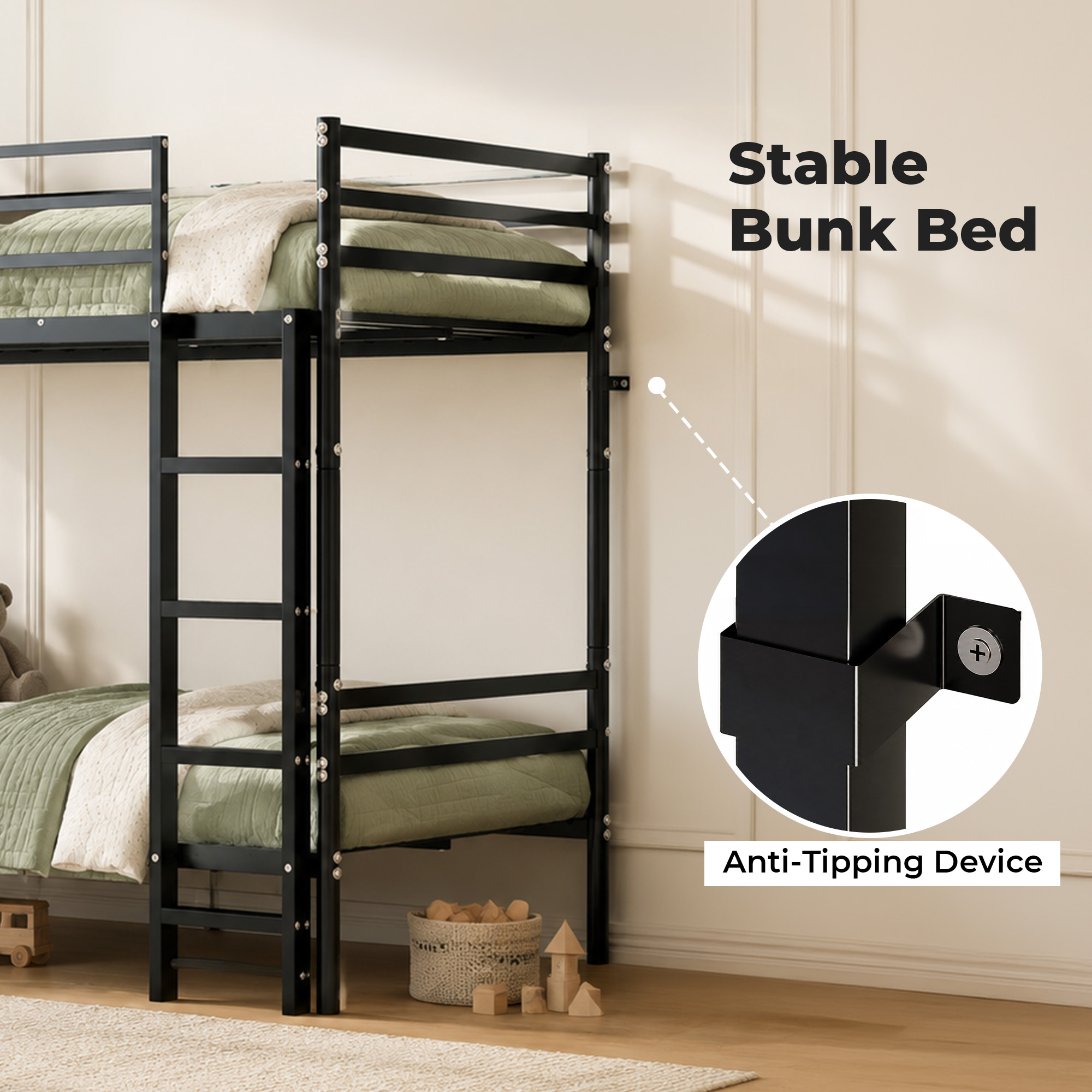 Alvantor Bunk Bed Twin over Twin, Metal Bunk Bed for Kids with Stairs and Guardrail, Converted Into 2 Twin Bed Black