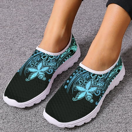 

Tribal Polynesian Plumeria Flower Prints Flat Shoes for Women Light Slip-on Casual Loafers Summer Cool Mesh Sneakers