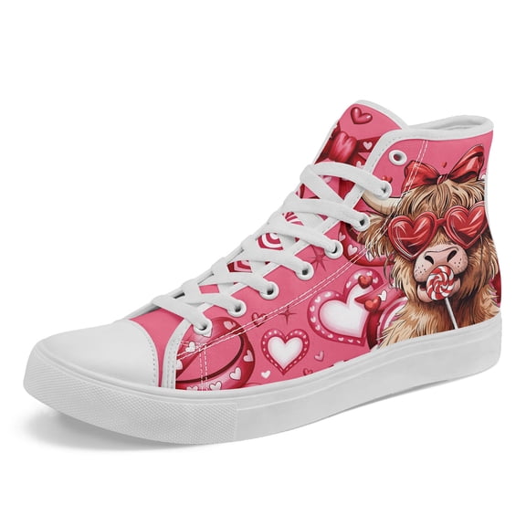 Coolcustomize Women's High Top Valentine's Day Cute Cow Heart Print Fashion Casual Sneakers | Romantic Couple Streetwear Shoes, Lace-up Casual Boots, Round Toe, Fabric Upper and Sole Canvas Shoes