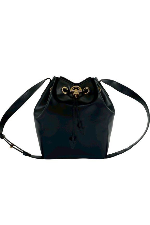 Pre-Owned CELINE Vintage Logo Hardware Leather Shoulder Bag Drawstring Sacoche Pouch Navy 24357