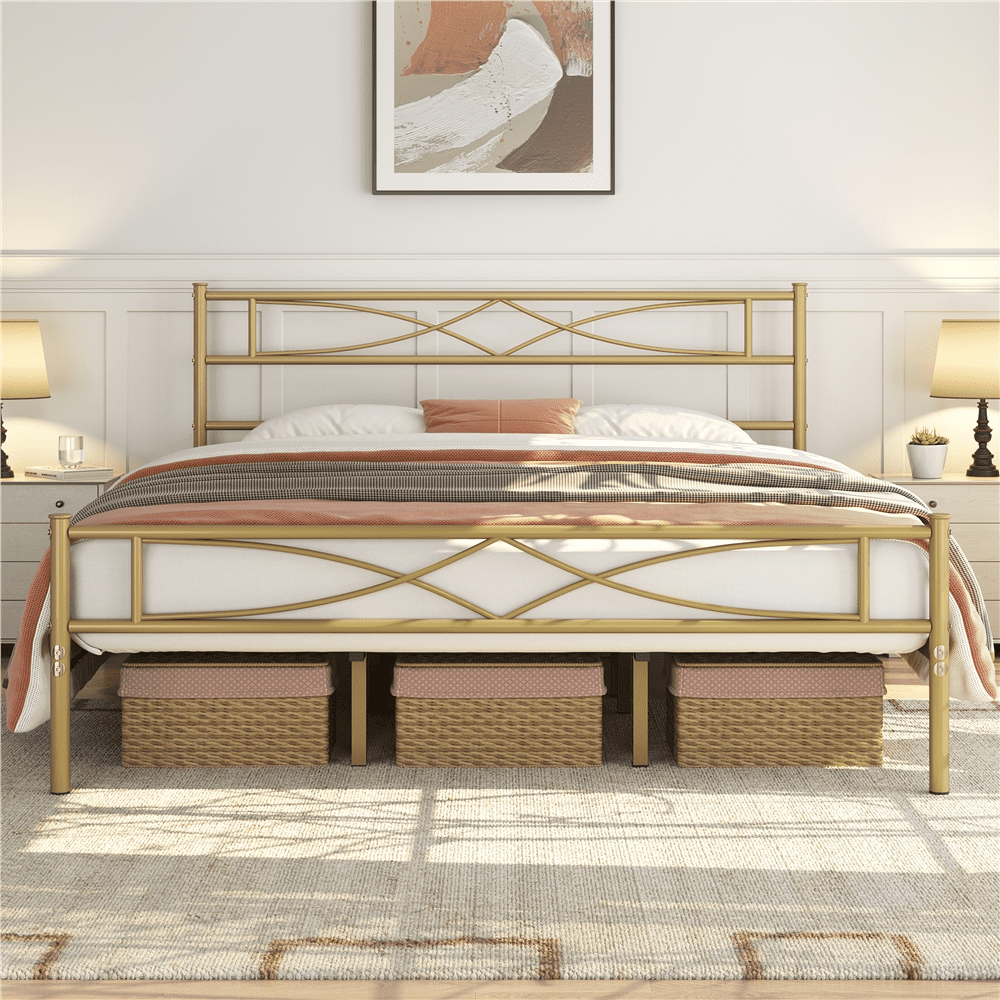 Topeakmart Metal King Bed Frame with Curved Design Headboard and Footboard, Antique Gold