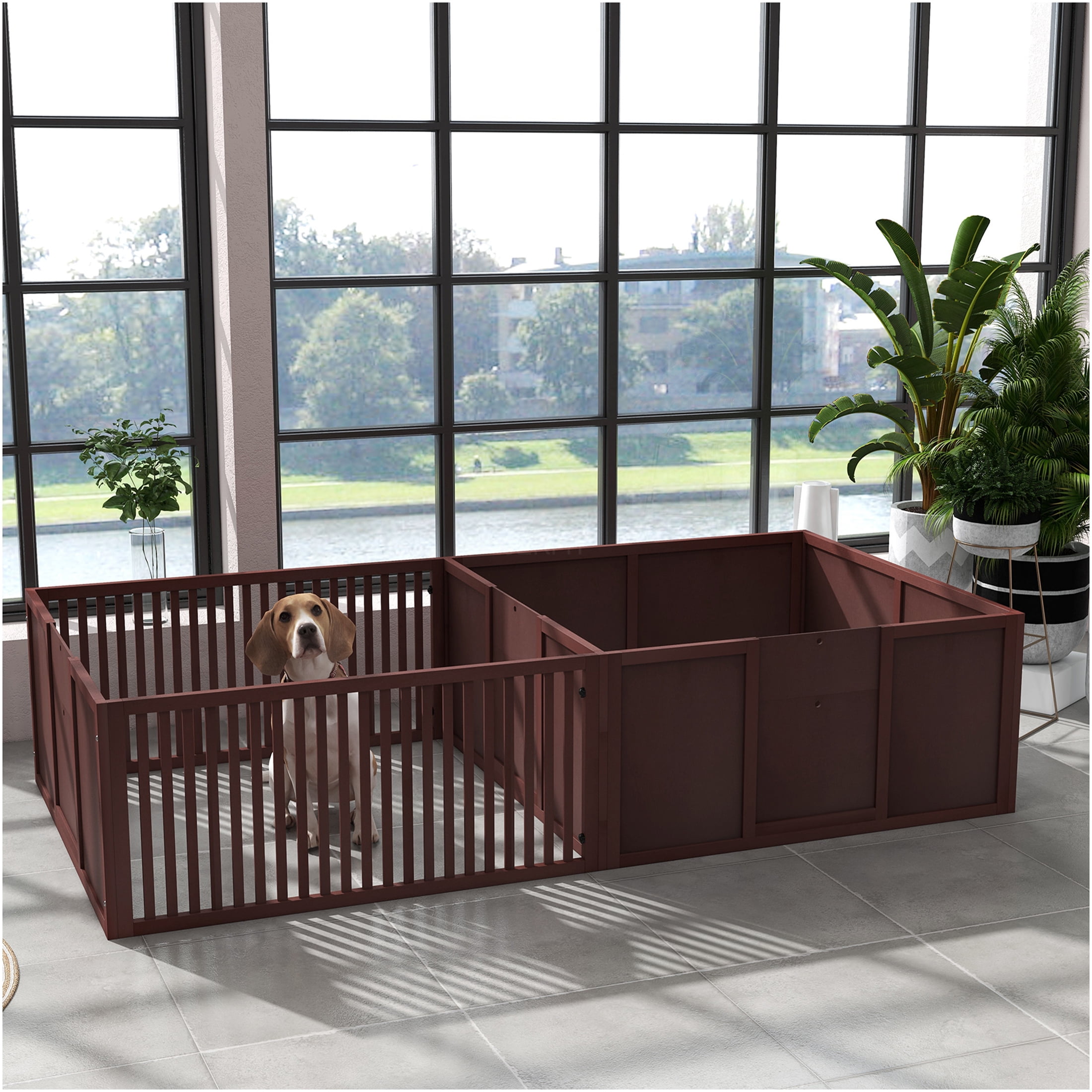 JERFIT 81" Large Dog Whelping Box with Removable Doors, 2-Room Design Puppy Playpen for Newborns, Indoor MDF Whelping Pen with Non-Slip Pads, Coffee Brown