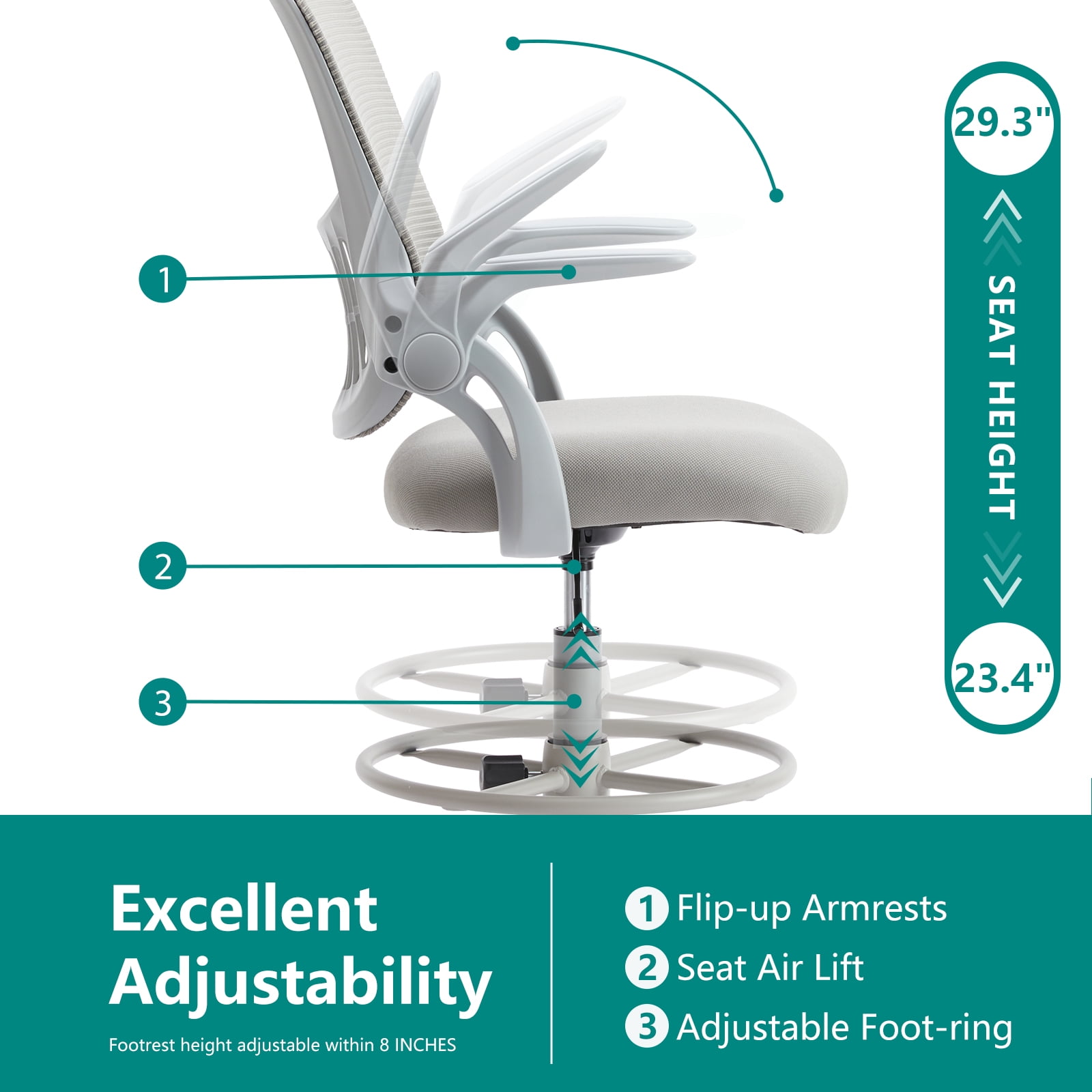 GIANNA Ergonomic Tall Mesh Office Chair with Storable Lumbar Support, Adjustable Foot Ring, Armrests, and Mid-Back Design – High Task Chair with Wheels, Gray