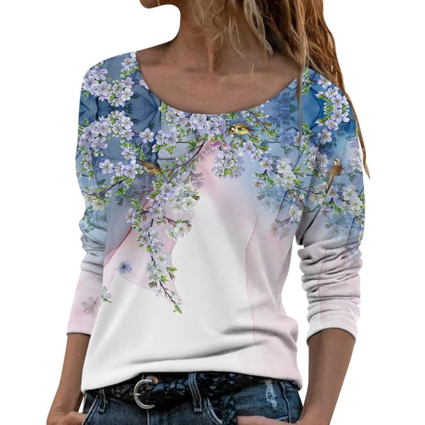 Blusa de manga larga con cuello redondo y estampado de flores florales para mujer Pompotops FGAJ6784