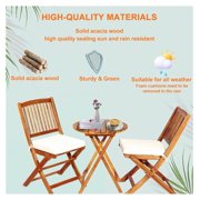 Bistro Table and Chairs Set of 2, Wood Folding Bistro Set for 2 with Detachable Soft Cushions, 3PC Outdoor Wood Bistro Set for Patio, Balcony, Garden & Yard (Natural Color)