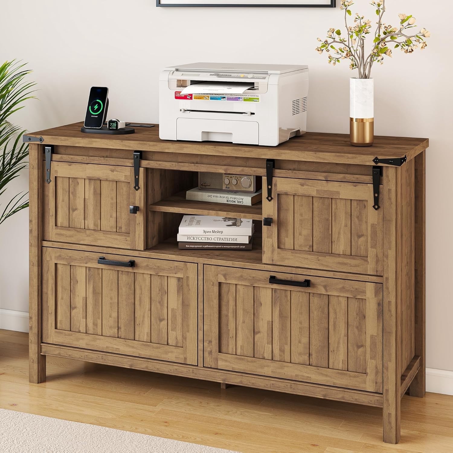 FIAKOA Farmhouse 2-Drawer Lateral File Cabinet, Filing Cabinet with Sliding Doors & Charge Station, Printer Stand Cabinets for Home Office, Brown