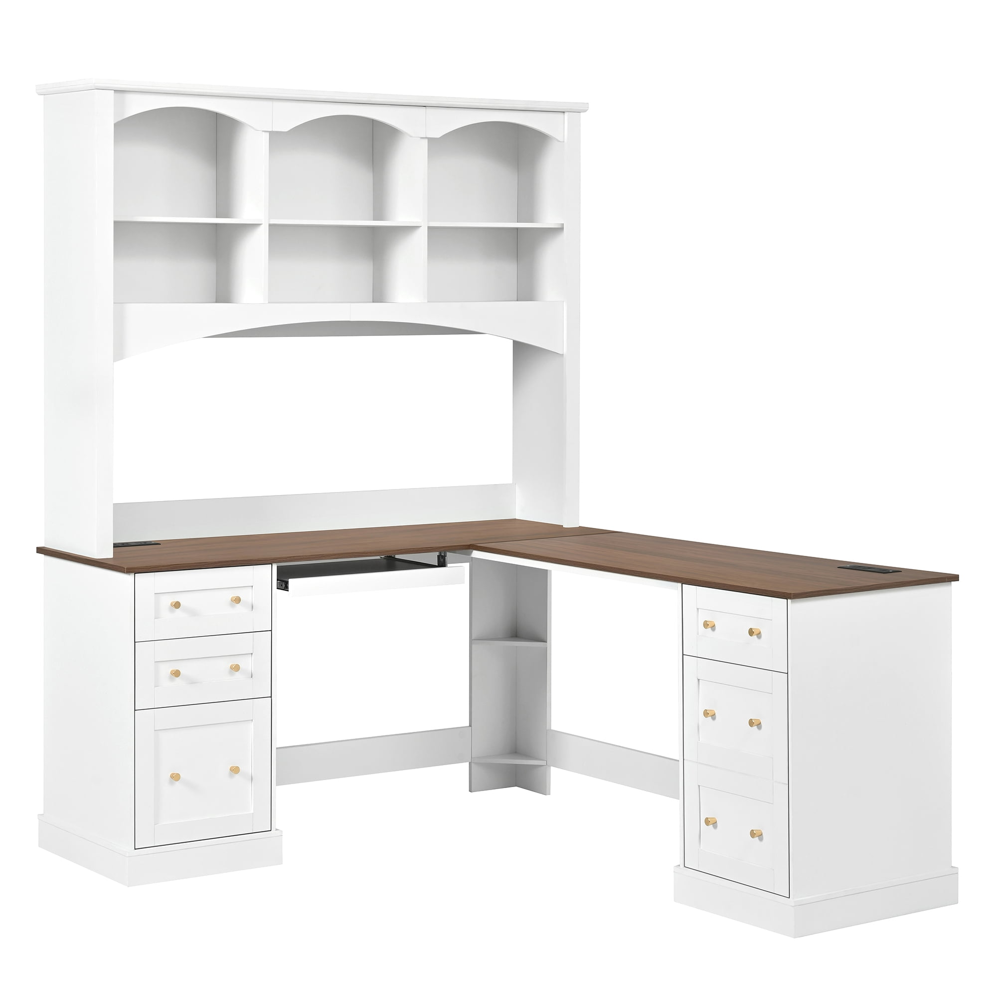 L Shaped Corner Computer Desk,Rustic Home Office Desk with Keyboard Tray & Charging Stations, All-in-One Home Office Desk with Arched Hutch for Bedroom,White