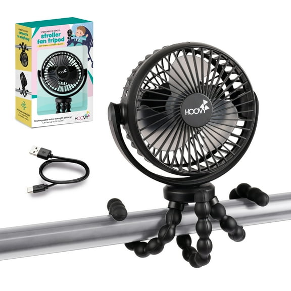 Hoovy Portable & Rechargeable Stroller Fan with Flexible Tripod Legs, Black