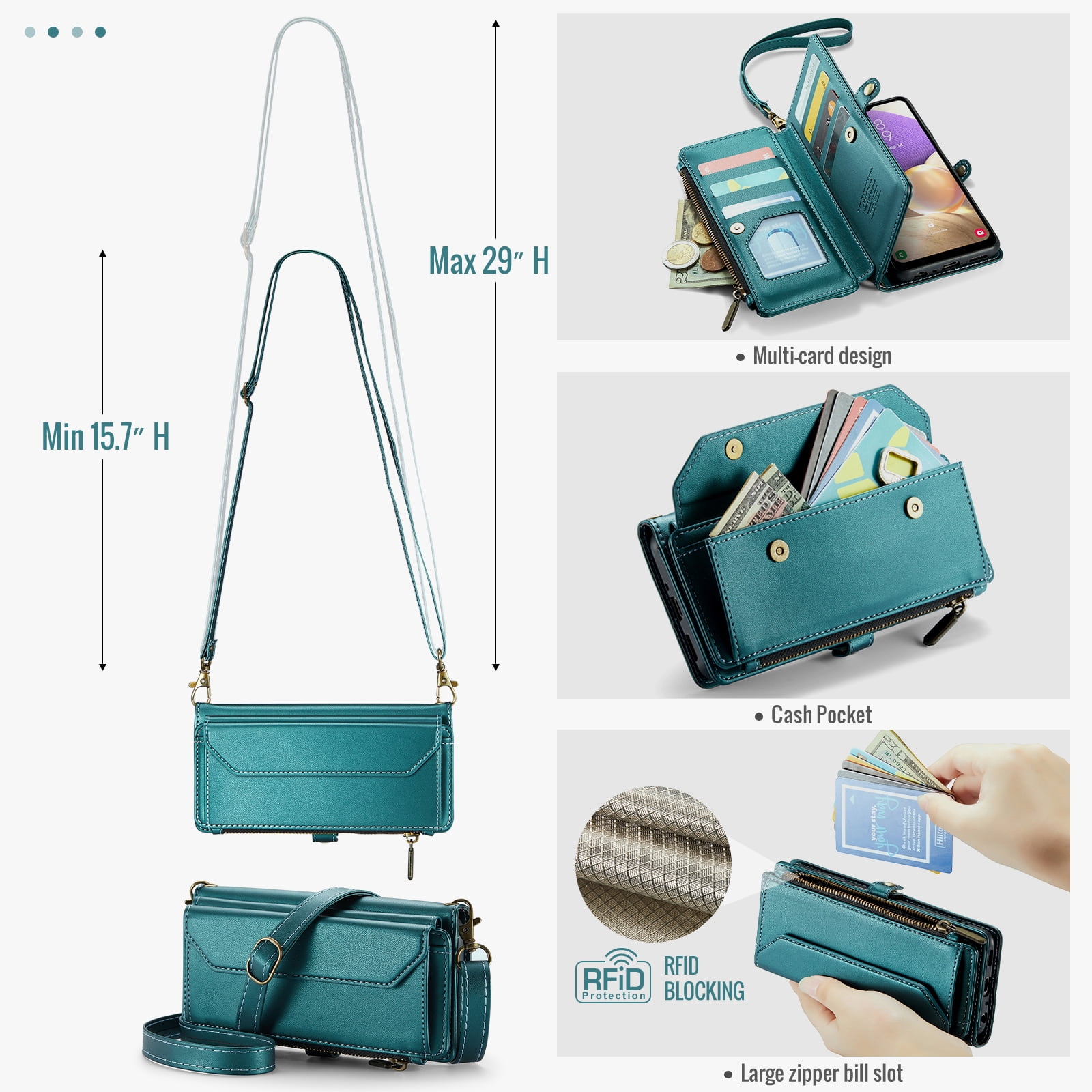 Compatible with Samsung Galaxy A32 5G 2021 6.5 inch Zipper Wallet Phone Case Tempered Glass Screen Protector Crossbody Lanyard Strap Flip Card Holder Slot Cell Cover for M32 G5 A 32 32A Women Green