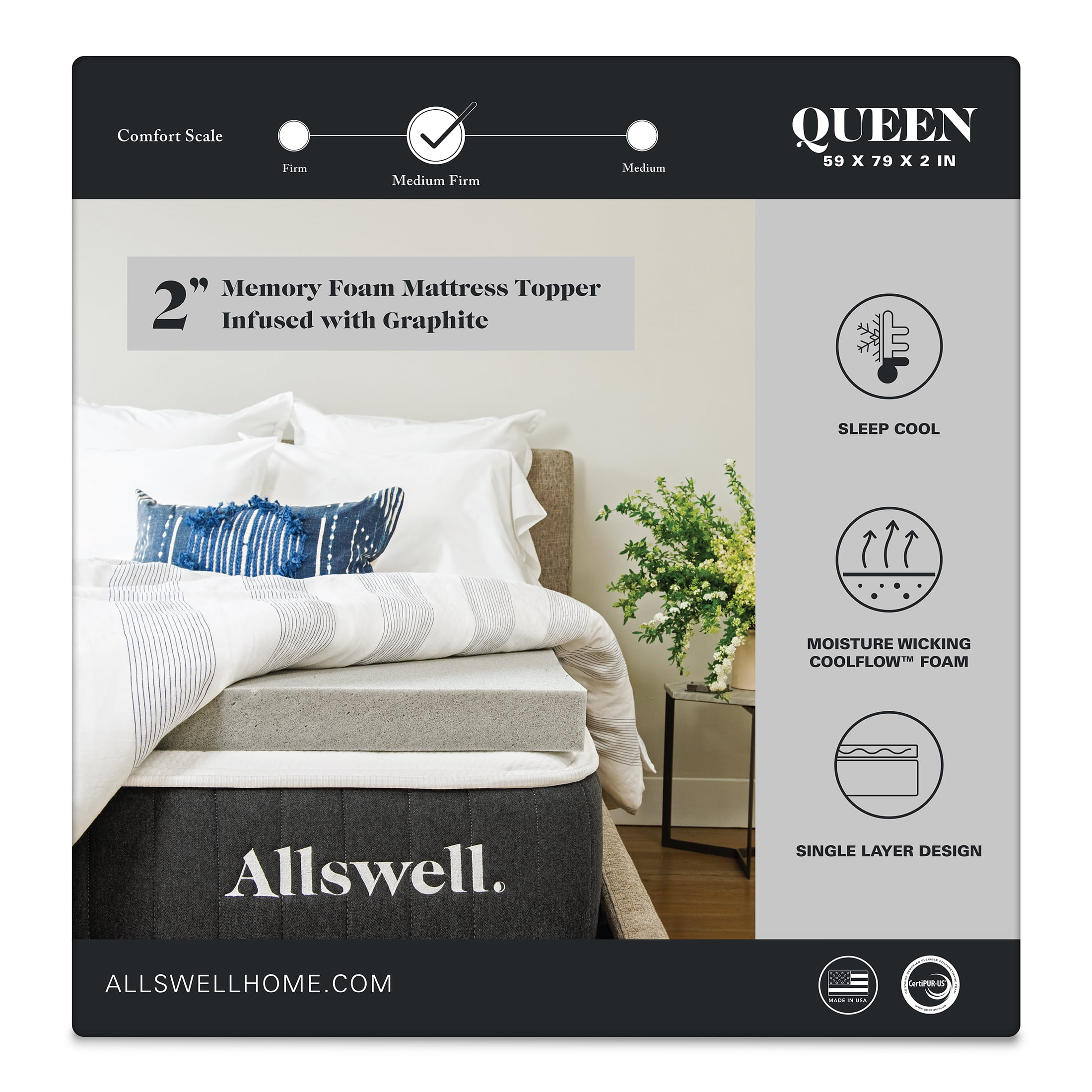 Allswell 2" Artic Gel with Graphite Memory Foam Mattress Topper, Queen