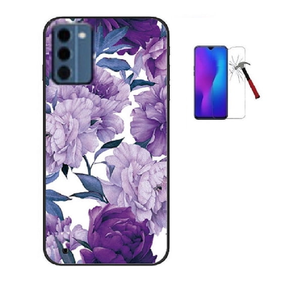 Phone Case for Nokia C300, Flexible TPU Printed Cover Case    Tempered Glass (Purple Flower)