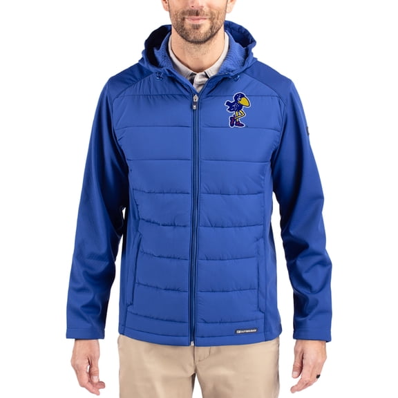 Men's Cutter & Buck Blue Kansas Jayhawks Evoke Hybrid Eco Softshell Recycled Full Zip Hooded Jacket