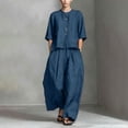 thumbnail image 2 of Guluxicc 2 Piece Women's Outfit Sets Stand Collar 3/4 Sleeve Button Down Top Pleated Wide Leg Pants With Pockets Matching Sets for Casual Wear, 2 of 5
