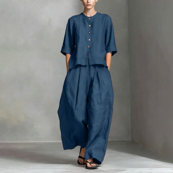 LEKWK Linen Sets for Women 2 Piece 3/4 Sleeve Button Down Crewneck Tops and Loose Fit Wide Leg Pants Summer Fashion Casual Vacation Outfits