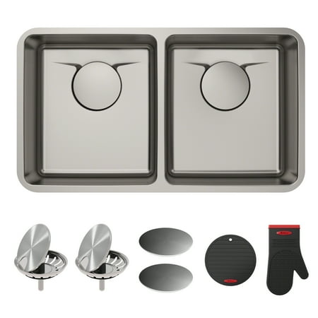 33 Undermount Double Bowl - KRAUS Dex™ 33-Inch Undermount 50/50 Double Bowl T304Plus TRU16 Gauge Stainless Steel Kitchen Sink with DrainAssure WaterWay and VersiDrain Assembly in Radiant Pearl Finish