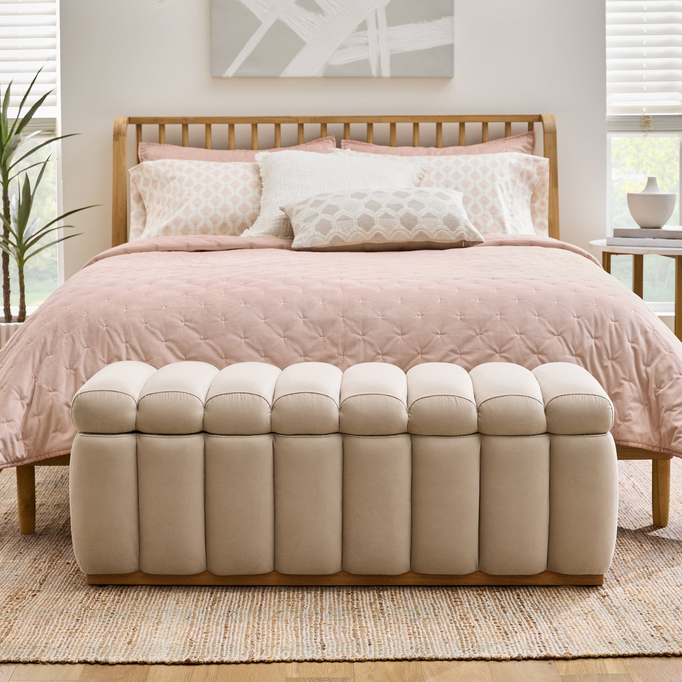 Better Homes & Gardens Lillian Channel Tufted Storage Bench, 47.24 in, Beige Velvet