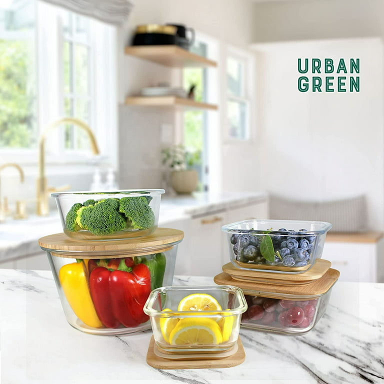 Urban Green Glass Bamboo Lids, Meal Prep Containers Food storage, 5 Pack,  Pantry Kitchen Fridge Cabinet Organizer, Lunch box, Butter Dish, Microwave