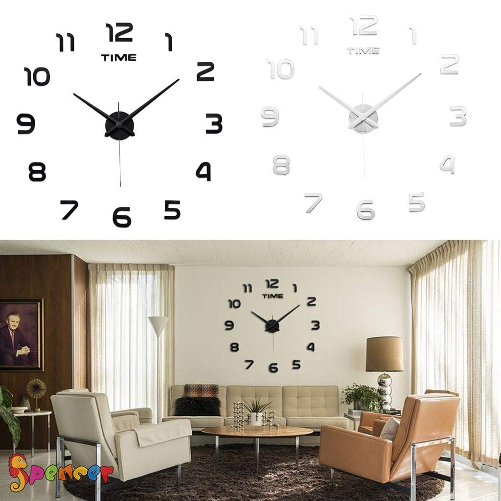 Spencer Frameless Wall Clock, Large Modern 3D Mirror Wall Clock Mute