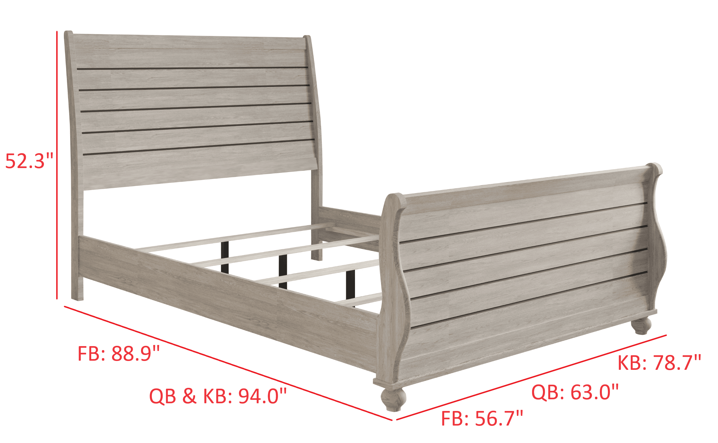 Home Design Miles King Bed Frame with Wood Grain Headboard and Bun Feet, White Oak, Easy assembly