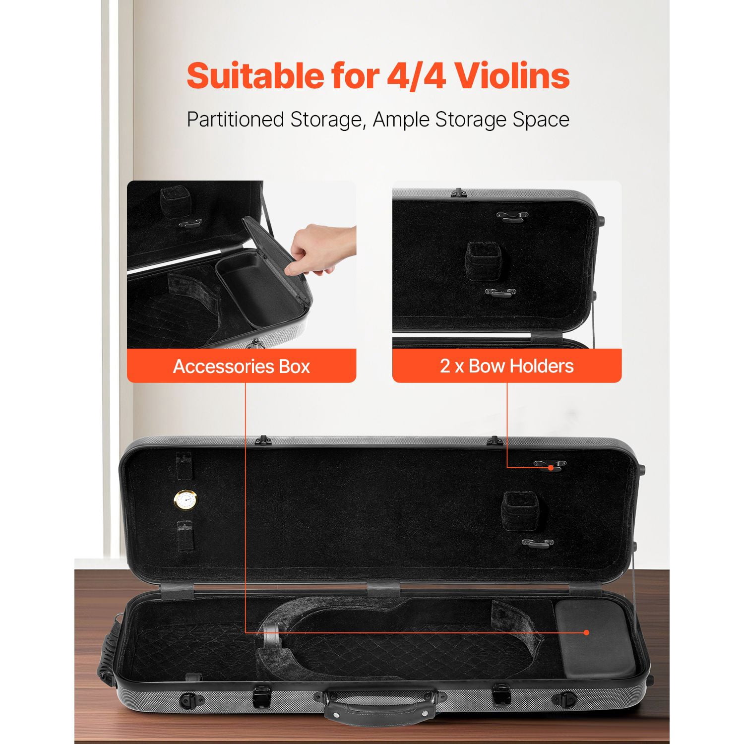 4/4 Full Size Violin Case, Built-in Hygrometer, Lightweight Portable Travel Carrying Bag, with Plush Lining, Shoulder Straps, Anti-Scratch, Professional Oblong Shape, for Violin, Black