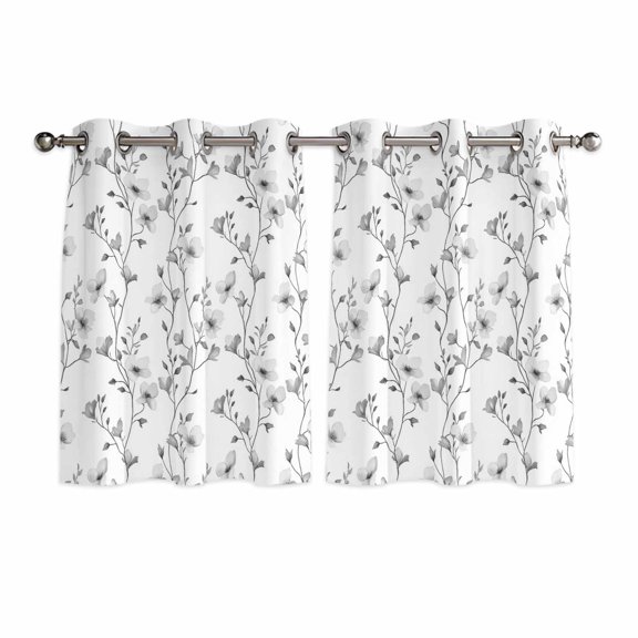 Grey Spring Floral Kitchen Curtains Short 45 Inch Length, Elegant Watercolor Summer Botanical Grommet Top Bedroom Living Room Curtains, Light Filtering Cafe Curtain Drapes 2 Panels Set 84''x45''