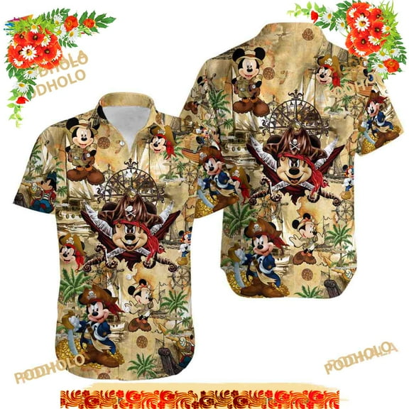Mickey Mouse Pirate Hawaiian Shirt, Treasure Map Hawaiian Shirt