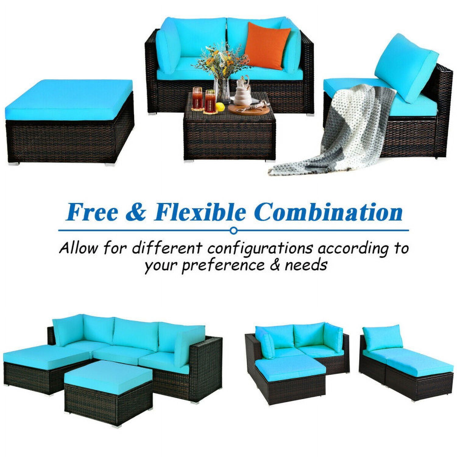 Aimee Lii 5 Pieces Patio Rattan Sectional Conversation Ottoman Furniture Set, Outdoor Patio Set, Blue Aimee Lii 5 Pieces Patio Rattan Sectional Conversation Ottoman Furniture Set, Outdoor Patio Set, Blue