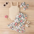 thumbnail image 4 of Mercatoo Baby Girl Summer Outfit Camisoles Ribbed Romper Floral Bell Bottom Pant Bowknot Headband 3Pcs Clothing Set, 4 of 7