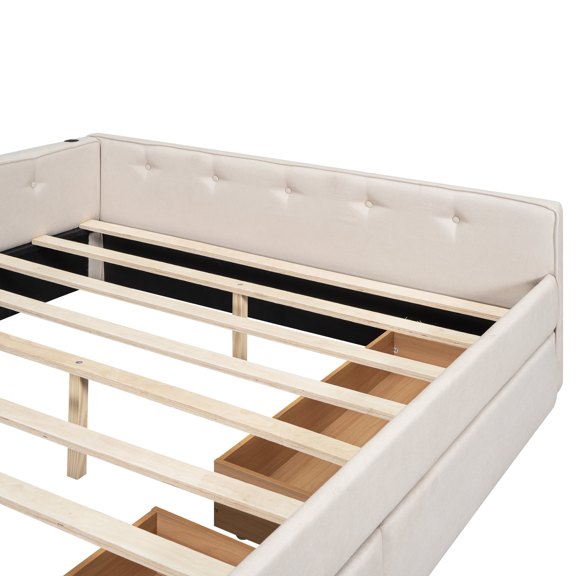 Euroco Upholstered Queen Size Platform Bed with 2 Storage Drawers for Kids Teens, Beige