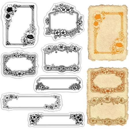 Frame Rubber Stamps Label Clear Stamps Retro Flower Frames Vintage Transparent Stamp Seals Sheets for DIY Making Handmade Journaling Card Scrapbooking Photo Album Notebook Decorations