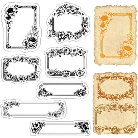 Frame Rubber Stamps Label Clear Stamps Retro Flower Frames Vintage Transparent Stamp Seals Sheets for DIY Making Handmade Journaling Card Scrapbooking Photo Album Notebook Decorations