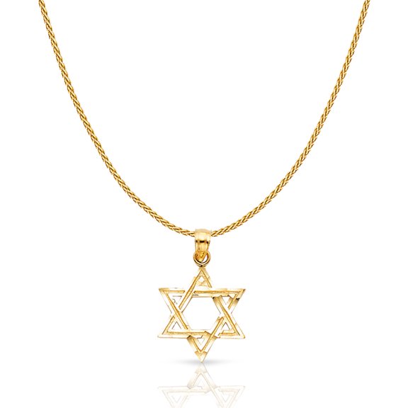 14K Yellow Gold Star of David Charm Pendant with 0.9mm Wheat Chain Necklace