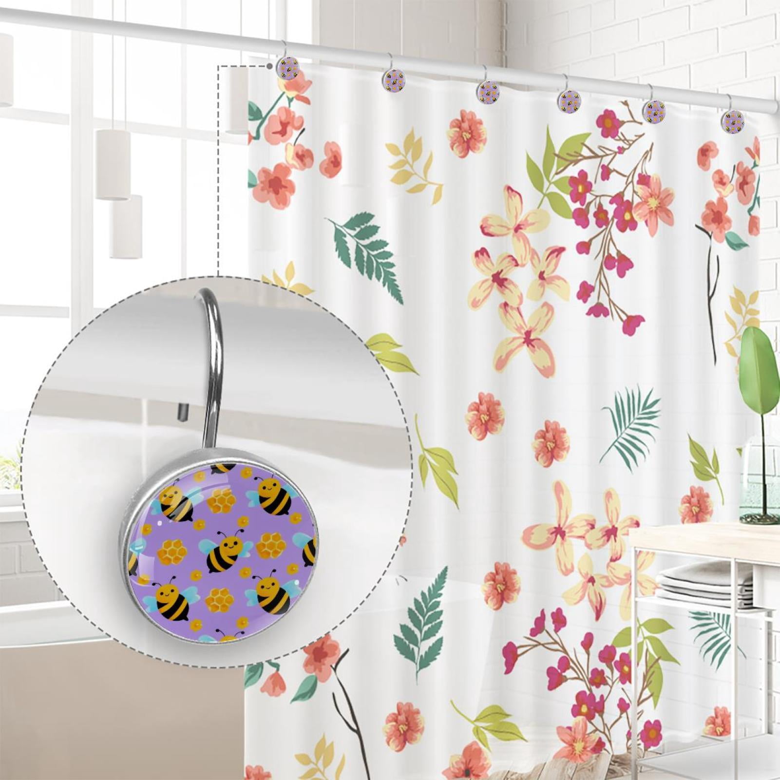 12pcs Decorative Shower Curtain Hooks, Rust Resistant Shower Rings for Bathroom Living Room,Rustproof Stainless Steel Rings for Shower Curtain and Liner Rods,Honey Honeycomb Purple