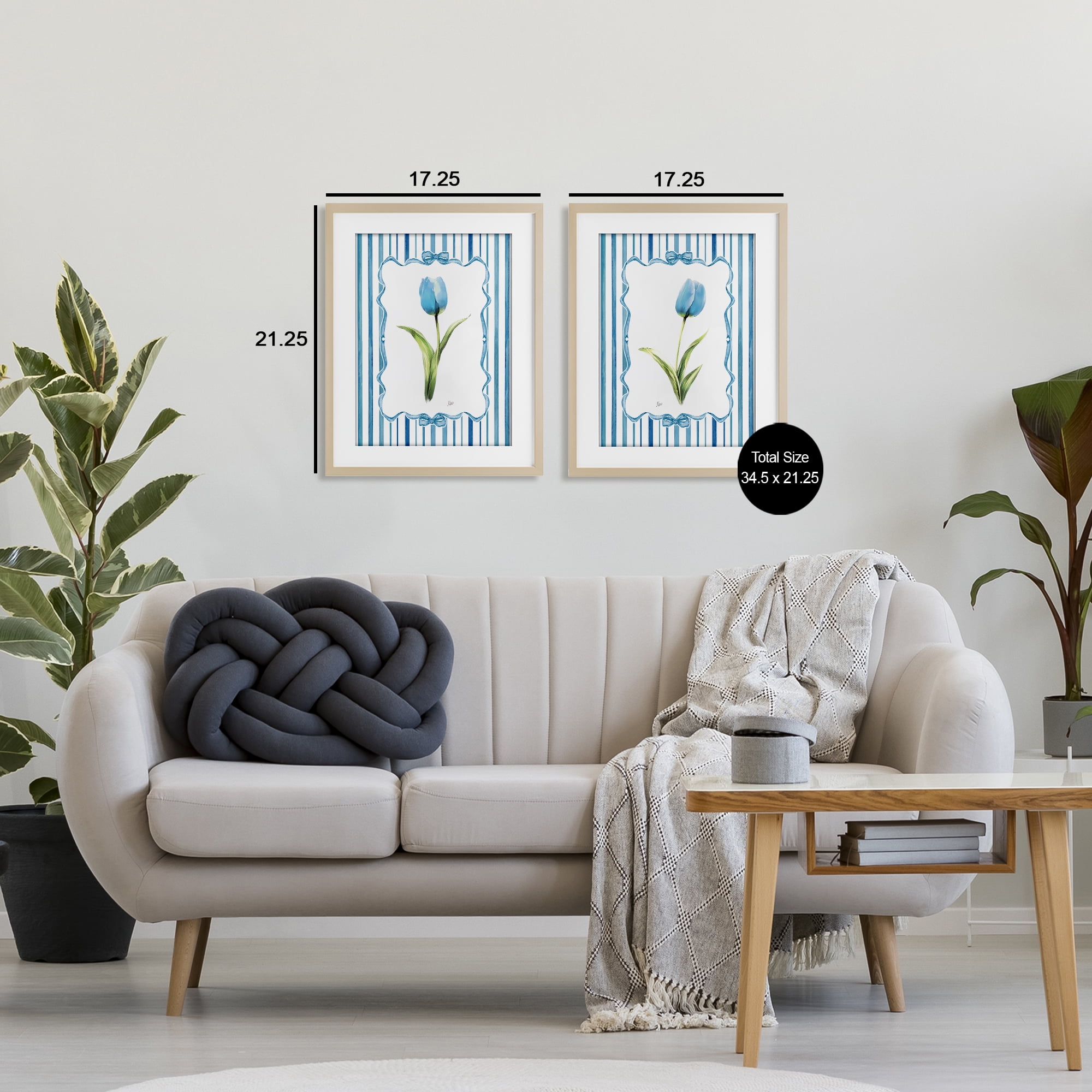 Stupell Industries Blue Tulips with Feminine Ribbon 2 Piece Birch Framed Print Under Glass Set, design by Nan