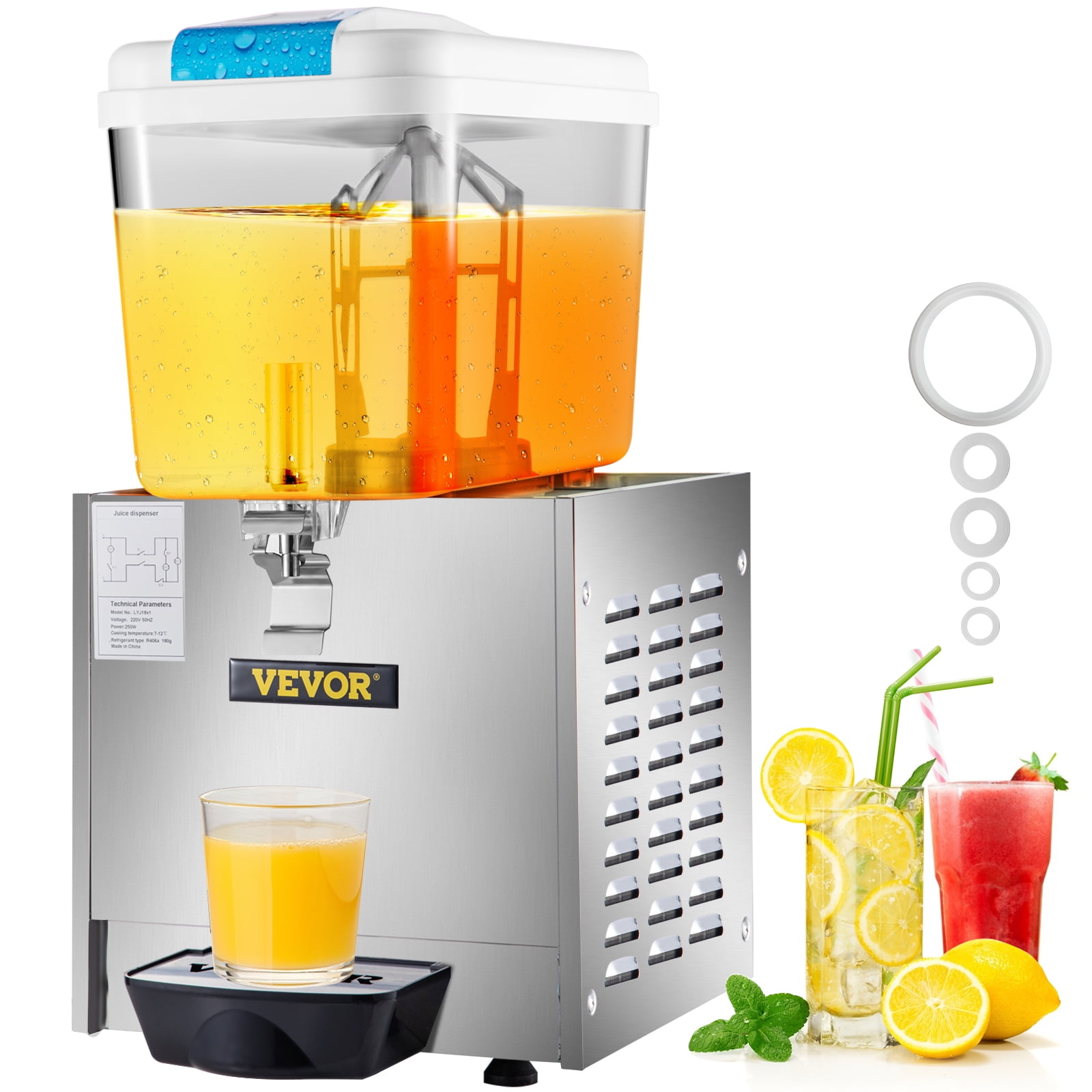 VEVOR Commercial Cold Beverage 2 Tanks 6.4 Gallon Stainless Steel Fruit Juice Dispensers 150W Ice Tea Drink Machine 110V Premium Equipped with Thermostat Controller for Restaurant Party 24L Silver 