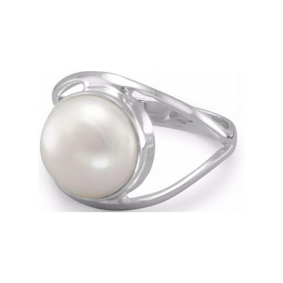 White Cultured Freshwater Pearl 10mm Open Split Band Ring Sterling Silver