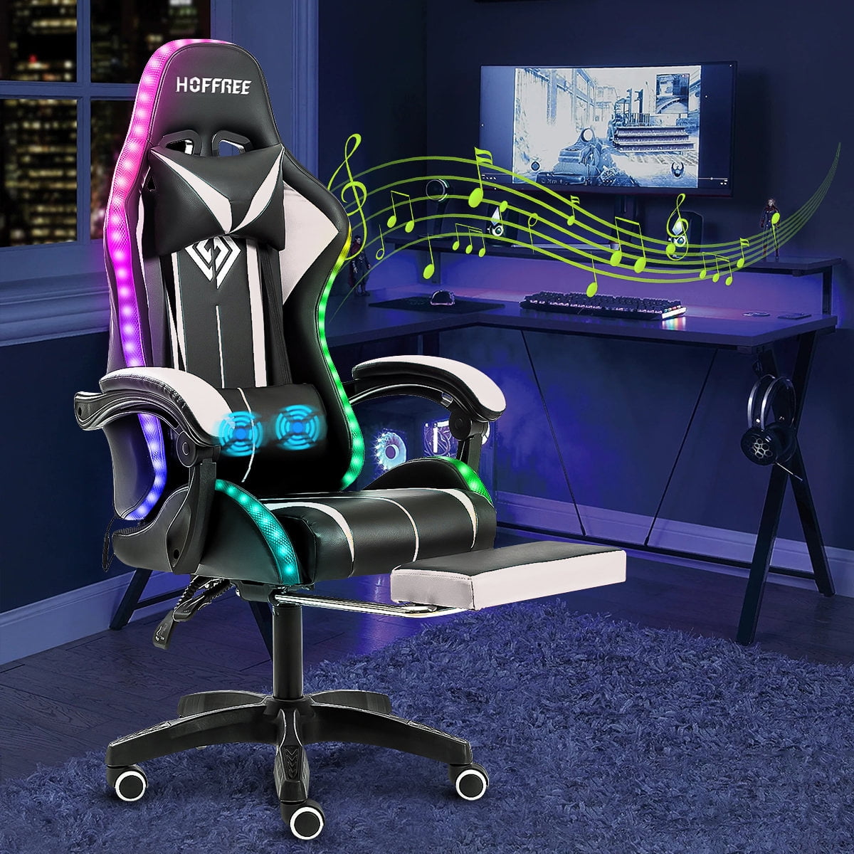 Hoffree RGB Gaming Chair with Bluetooth Speakers and LED Lights