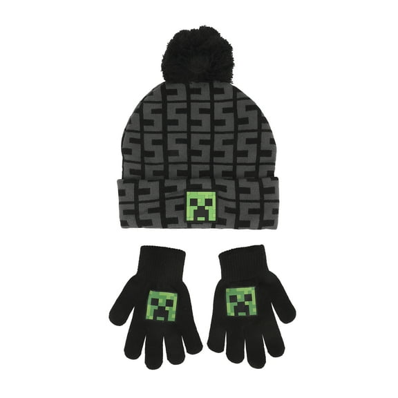 Minecraft SSSS Creeper Toddler Black 2-Piece Knit Beanie & Gloves Set