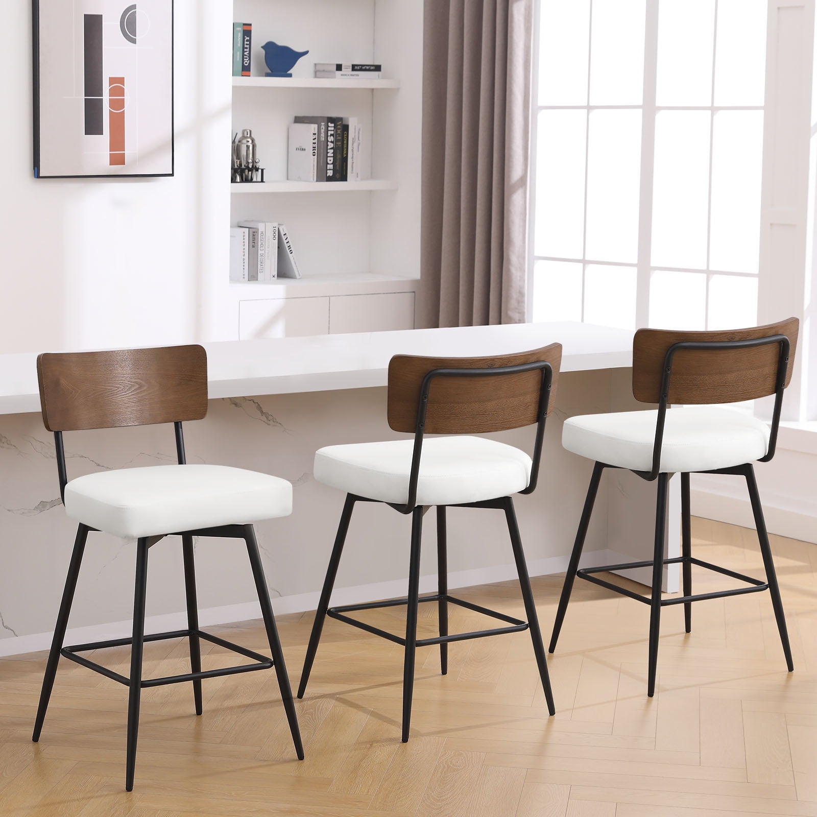 Foreate Swivel Bar Stools, 26" Counter Height Set of 4 with Wood Mid Back, Modern Mid Century Leather Bartools Upholstered Bar Chair for Kitchen Island Dining Room Office