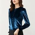 thumbnail image 6 of Women's Long Sleeve Velvet Shirts Soft Crew Neck Dressy Casual Blouses with Ruffled Detailing Solid Color Tops (3XL, Blue), 6 of 7