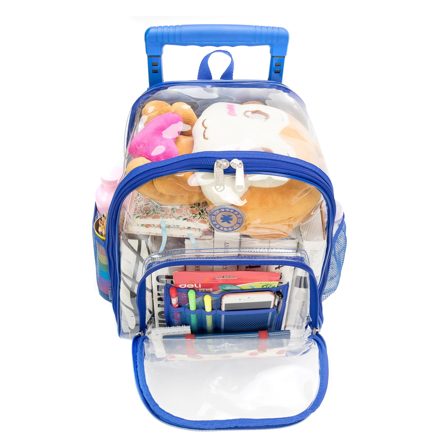 K-Cliffs 17" Clear PVC Royal Blue Rolling Clear School Backpack, Teen-Adult, Unisex
