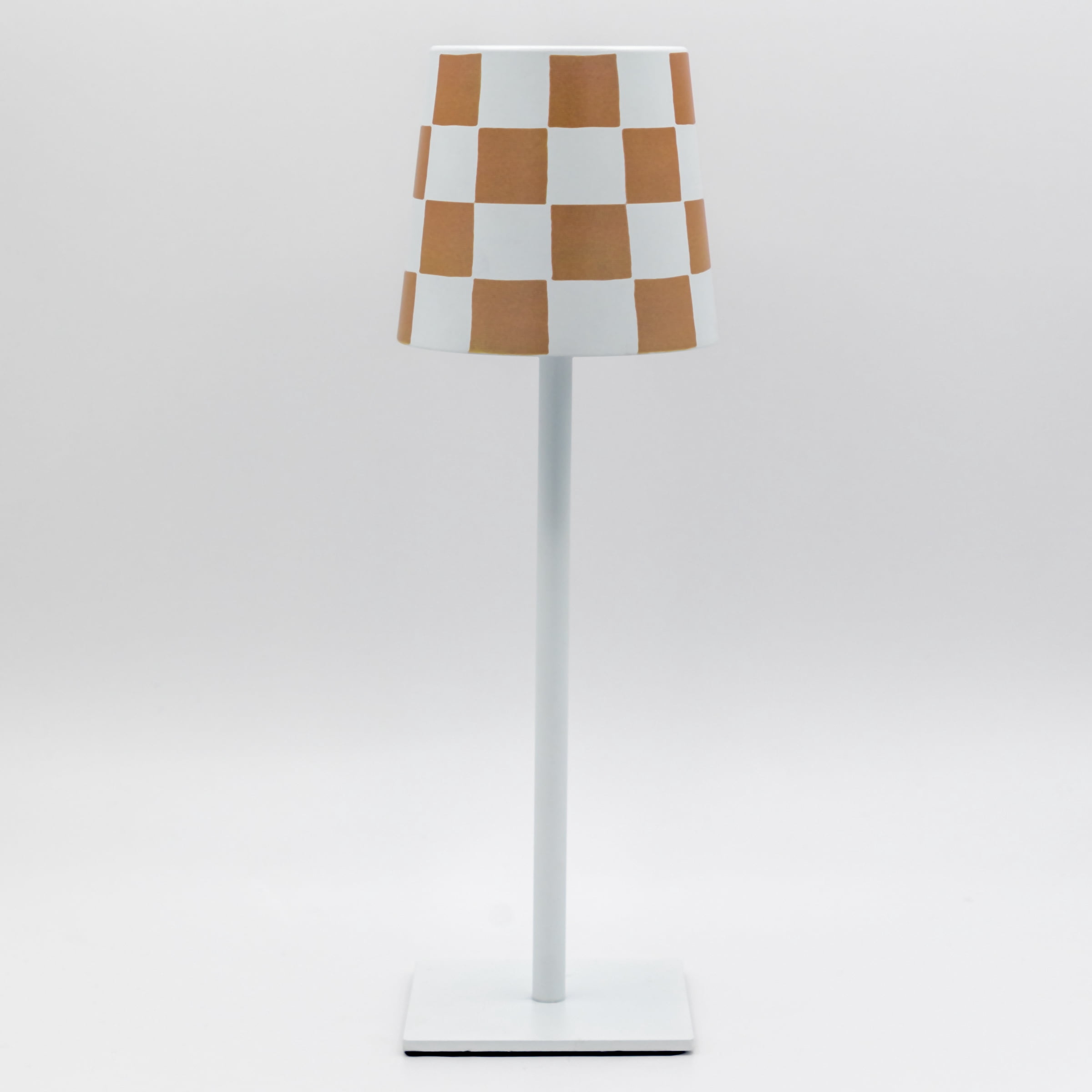 Portable and Rechargeable Tan & White Checkered 11" Touch Lamp with Multi Light Settings