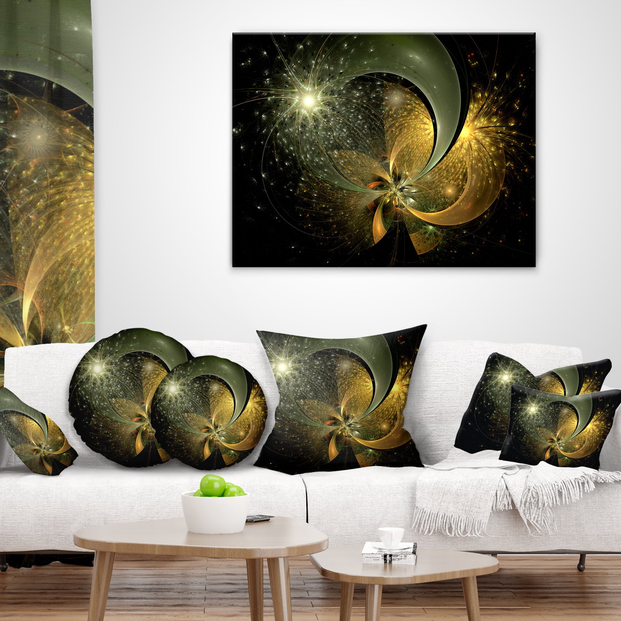 Designart Golden Fractal Flower with Silver Star - Floral Throw Pillow - 12x20