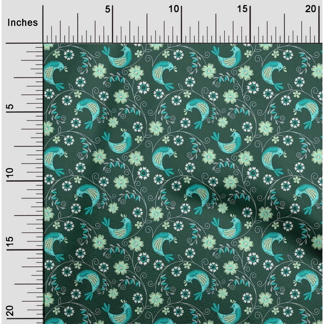 oneOone Polyester Lycra Fabric Leaves|Floral & Bird Artistic Print Sewing Fabric BTY 56 Inch Wide