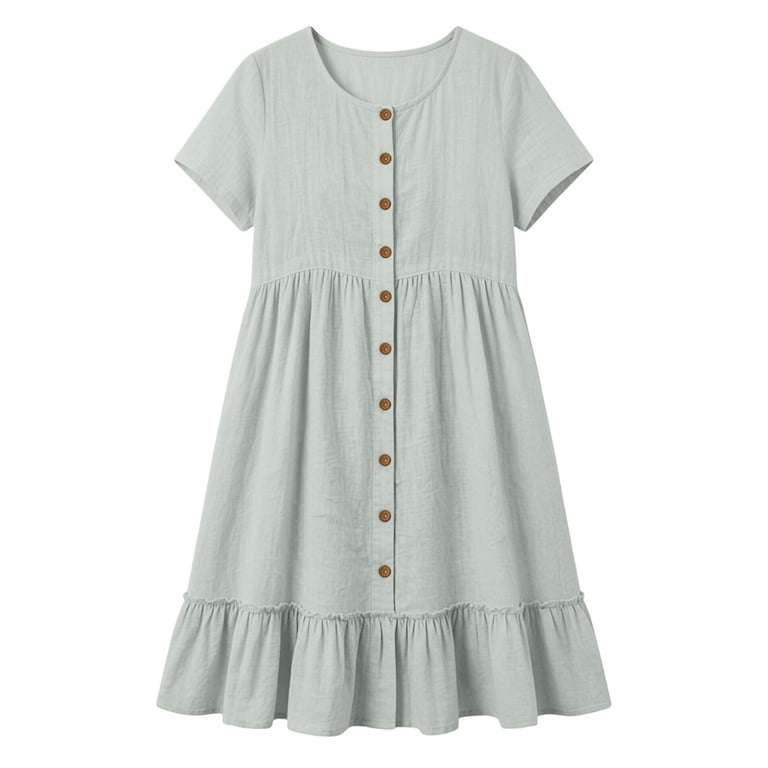 Hduncf Women Button Down Dress Loose Summer Cotton Linen Dress Ruffle Hem Casual Dress Crewneck Short Sleeve Tunic Dress Gray S