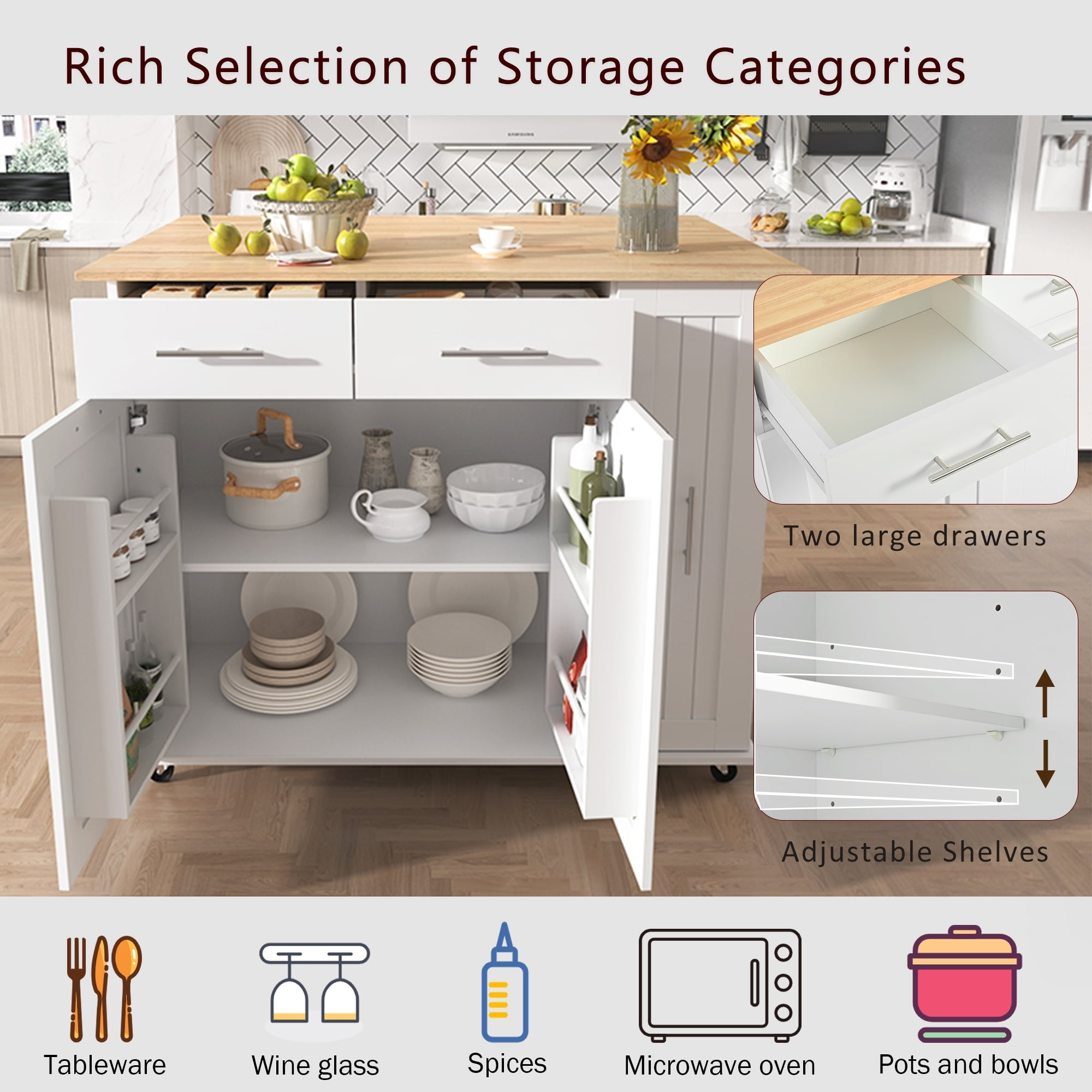 DEALTOPS 46" Kitchen Island with Drop Leaf, Kitchen Storage Cart with 3 Tier Pull Out Cabinet Organizer, Internal Storage Rack, Rolling Kitchen Cart on Wheels with Towel Rack for Kitchen-White