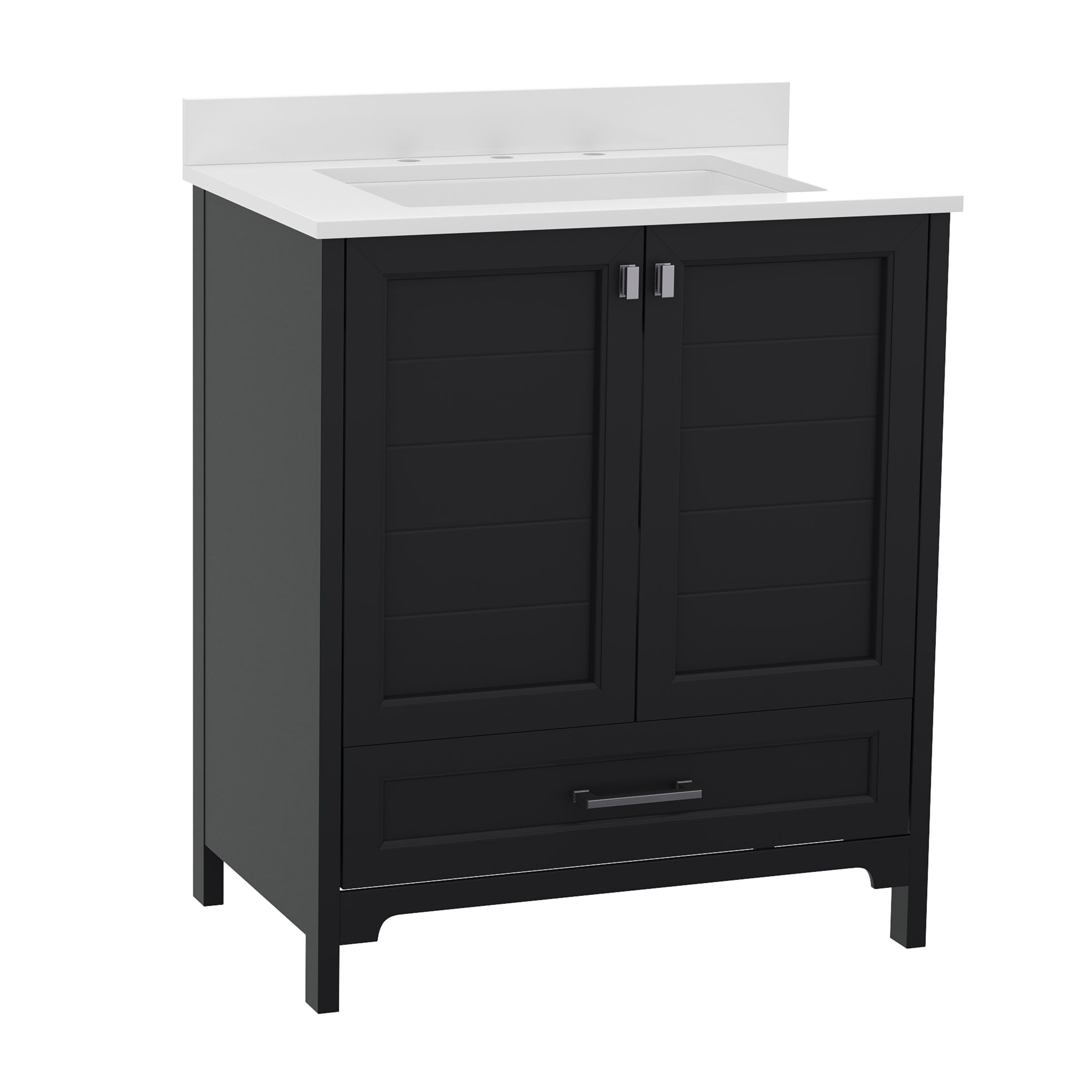 BizChair 30 Inch Bathroom Vanity with Sink, Storage Cabinet with Soft Close Doors and Bottom Drawer, Carrara Marble Finish Countertop, Black