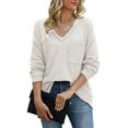 thumbnail image 1 of Top de manga larga con cuello en V para mujer, Jersey informal de fibra de poliéster, corte holgado, tejido tipo gofre, para otoño, 1 of 5